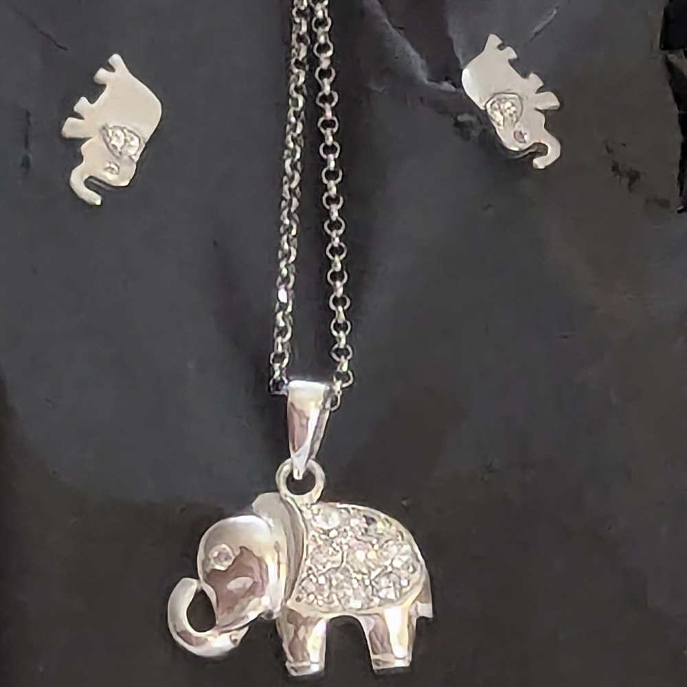 Sterling Silver & CZ's Elephant Pendant Necklace and Earrings Set